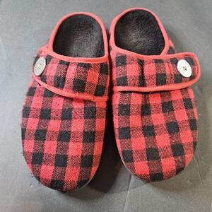 Vionic Sadie Red and Black Buffalo Plaid Slippers